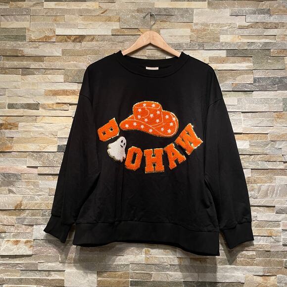 BIBI Boo Haw Halloween Sweatshirt S | Cowboy Hat Ghost Western Fall Pullover NWT - Picture 1 of 8
